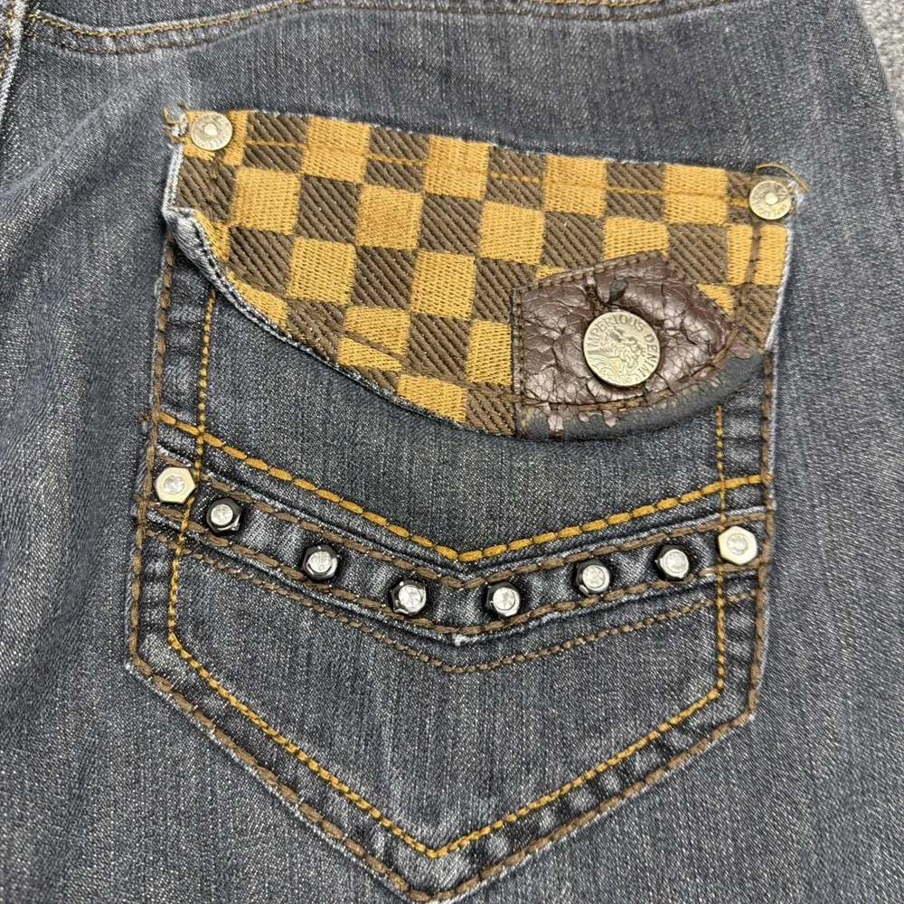 Vtg Y2K Imperious Delf Trading Men Grey Jeans 38x32 Checkerboard Flap Rhinestone